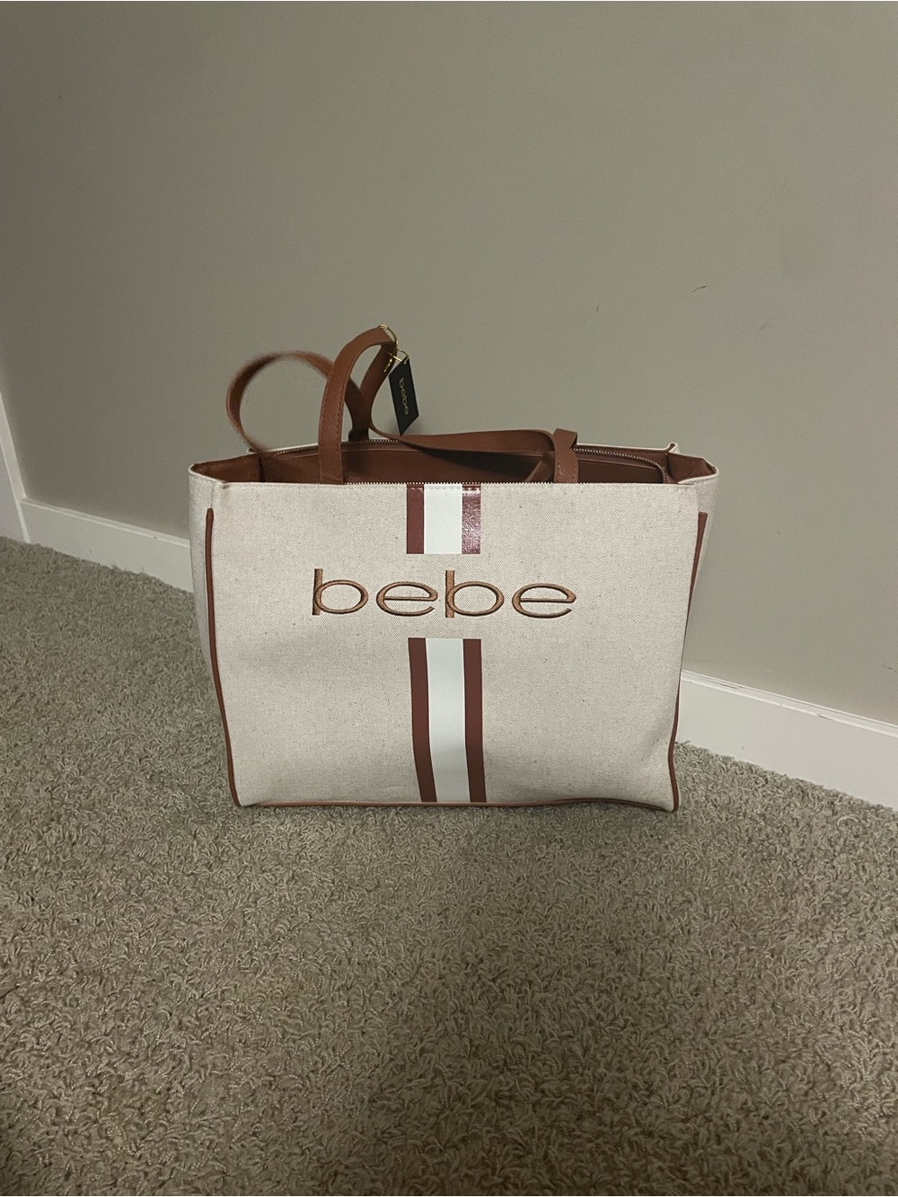 bebe Canvas Tote Bag in Cream and Brown